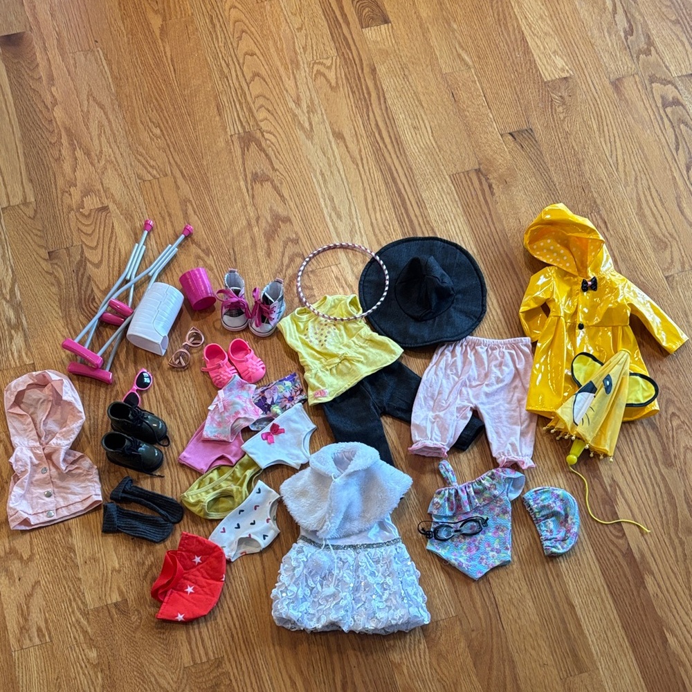 Lot of 18” doll clothes, good to great condition umbrella shoes crutches glasses